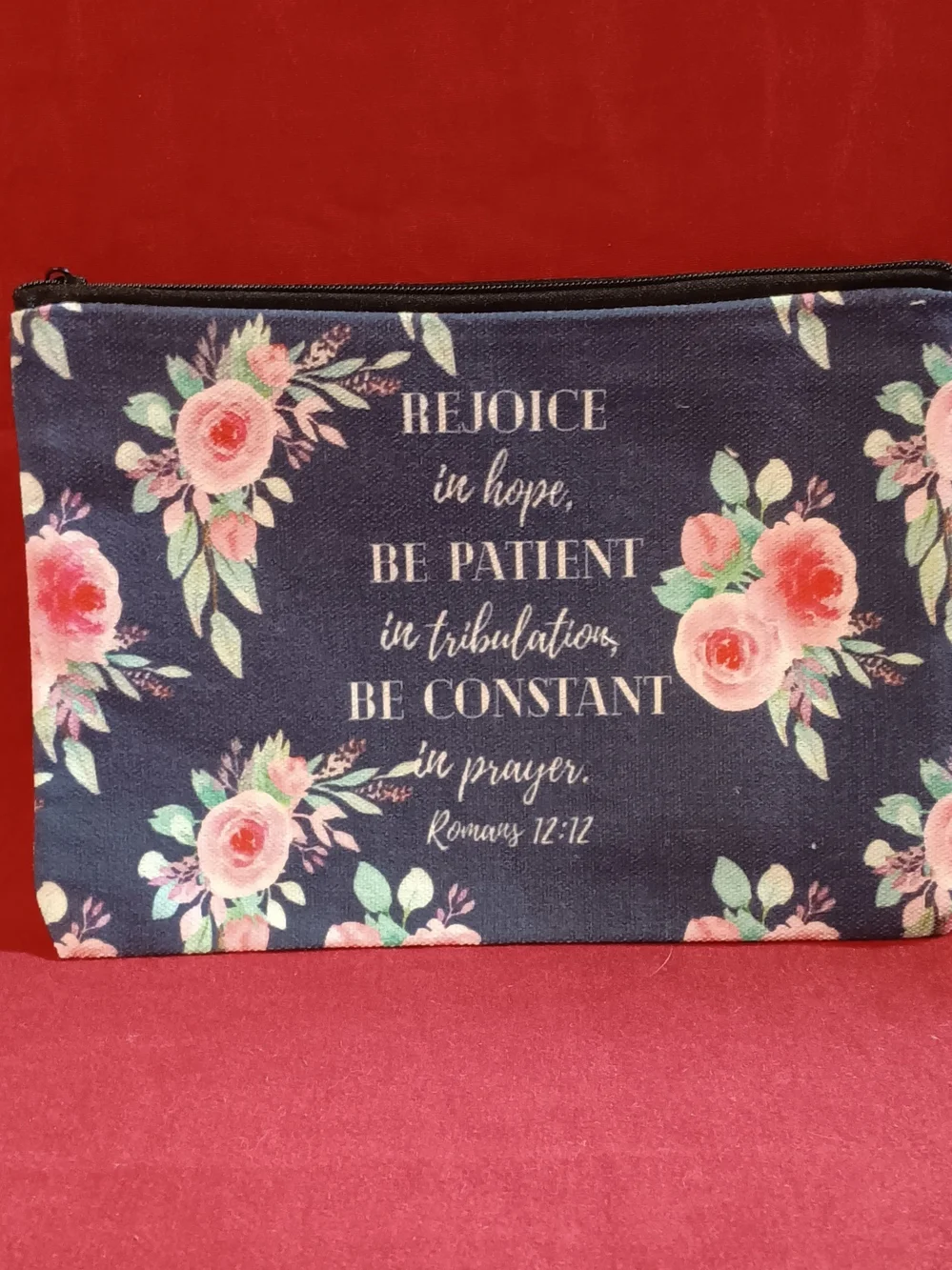 Rejoice Floral Canvas Cosmetic Bag - Navy with Pink Roses